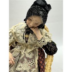 Anna Meszaros (Hungarian 1905-1998): 'My Great Granny', handmade needlework figurine, together with small plaster cast of a young boy by the same artist, granny H30cm
Auctioneer's Note: Anna Meszaros came to England from her native Hungary in 1959 to marry an English businessman she met while demonstrating her art at the 1958 Brussels Exhibition. Shortly before she left for England she was awarded the title of Folk Artist Master by the Hungarian Government. Anna was a gifted painter of mainly portraits and sculptress before starting to make her figurines which are completely hand made and unique, each with a character and expression of its own. The hands, feet and face are sculptured by layering the material and pulling the features into place with needle and thread. She died in Hull in 1998