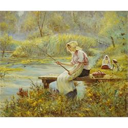 H Conrad (British 20th century): Lady Fishing, oil on canvas signed 50cm x 60cm
