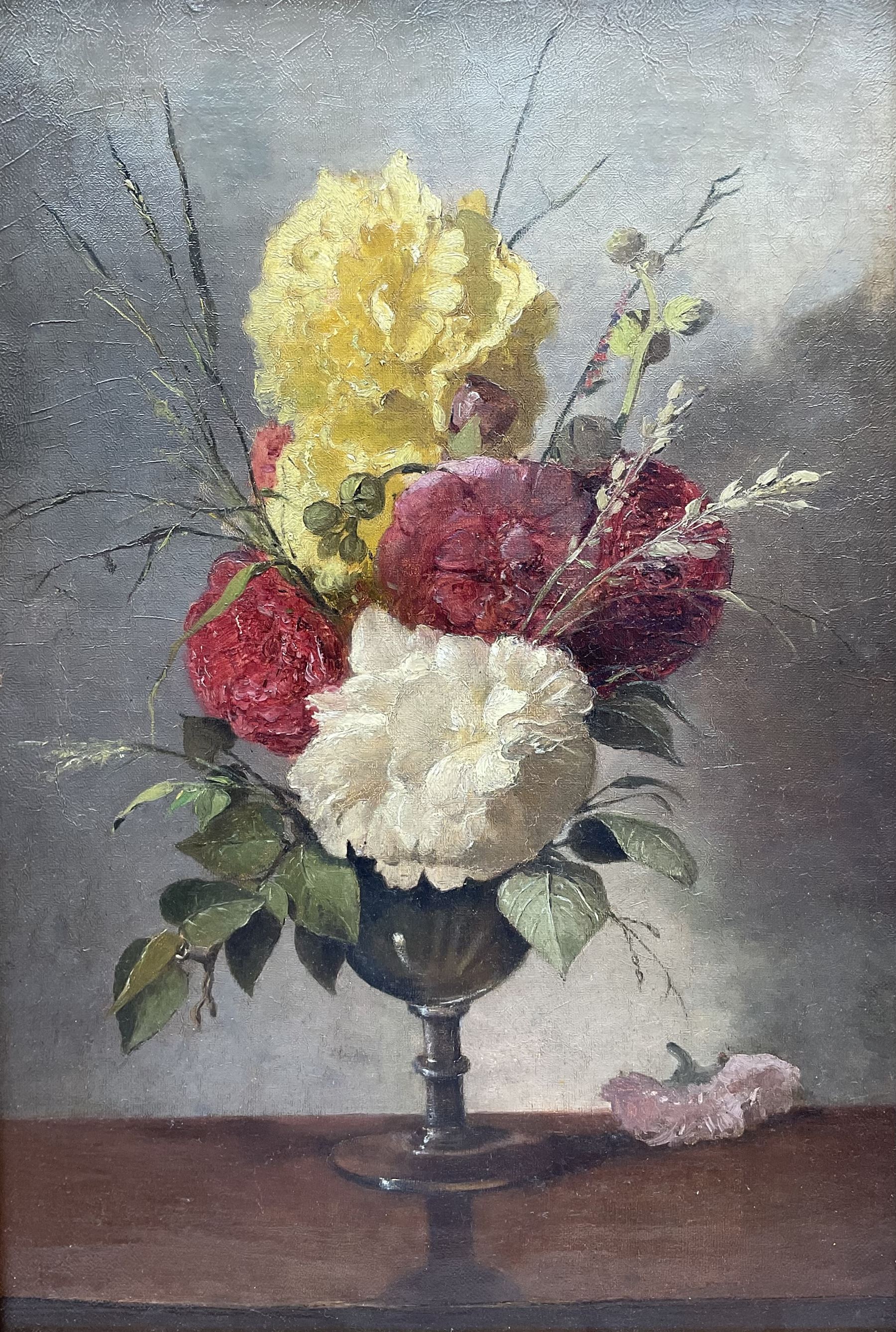 Circle of Henri Fantin-Latour (French 1836-1904): Peonies in a Goblet, oil on canvas signed 42cm x 28cm