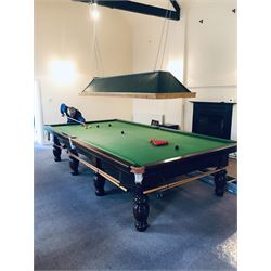Riley full size slate bed billiard table, with balls, cues and light canopy - this table is dismantled in storage at YO11 3TX, for further enquires, please contact the office.