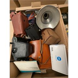 Collection of vintage cameras and photography equipment, including Minolta Riva Pico camera, Ensign Ful-VUe camera, Agfa Synchro Box, Yashica TL-Electro SLR Camera, pair of Ajaz 10x50 binoculars, etc