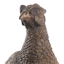 Bronze pheasant upon a circular marble base, together with a similar partridge, largest H25cm 