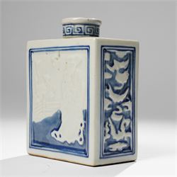 Two Chinese blue and white tea caddys, and another with famille rose design and engraved metal lid, larger H16cm (3)