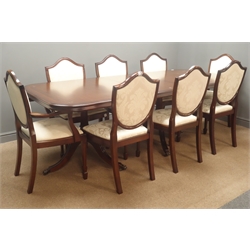  Inlaid mahogany twin pedestal dining table and set eight chairs (6+2), upholstered back and seat, square tapering legs  
