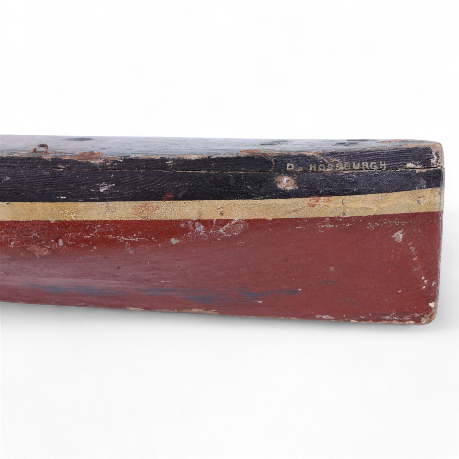 Wooden hull model of the Kirkcaldy fishing boat KY95 'Boy David' with painted decoration and inscribed 'D. Horsburgh Cullercoats'