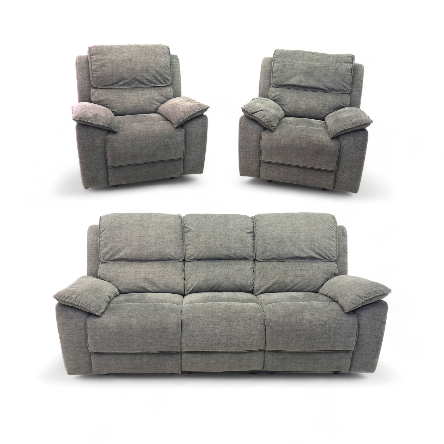 Oak Furnitureland - charcoal fabric electric recliner suite, comprising three-seat sofa and two matching armchairs, each with power reclining mechanism and integrated USB-A charging socket, upholstered in soft charcoal grey fabric with pillow arms and split back cushions

Armchairs W 100, D 82, H 104cm
Sofa W 230cm, D 82cm, H 104cm
