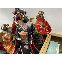 Quantity of Geisha figures in traditional dress, together with quantity of Chinese mud men figures and other oriental and oriental style ceramics etc in two boxes