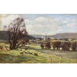 William Charles Rushton (British 1860-1921): Yorkshire Landscape with Sheep and Town in the Distance, oil on panel signed 48cm x 74cm