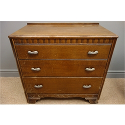  Early 20th century oak chest, small raised back, three graduating drawers, bracket supports, (W77cm, H73cm, D42cm), and an early 20th century pine bookcase, (W92cm, H90cm, D28cm)  