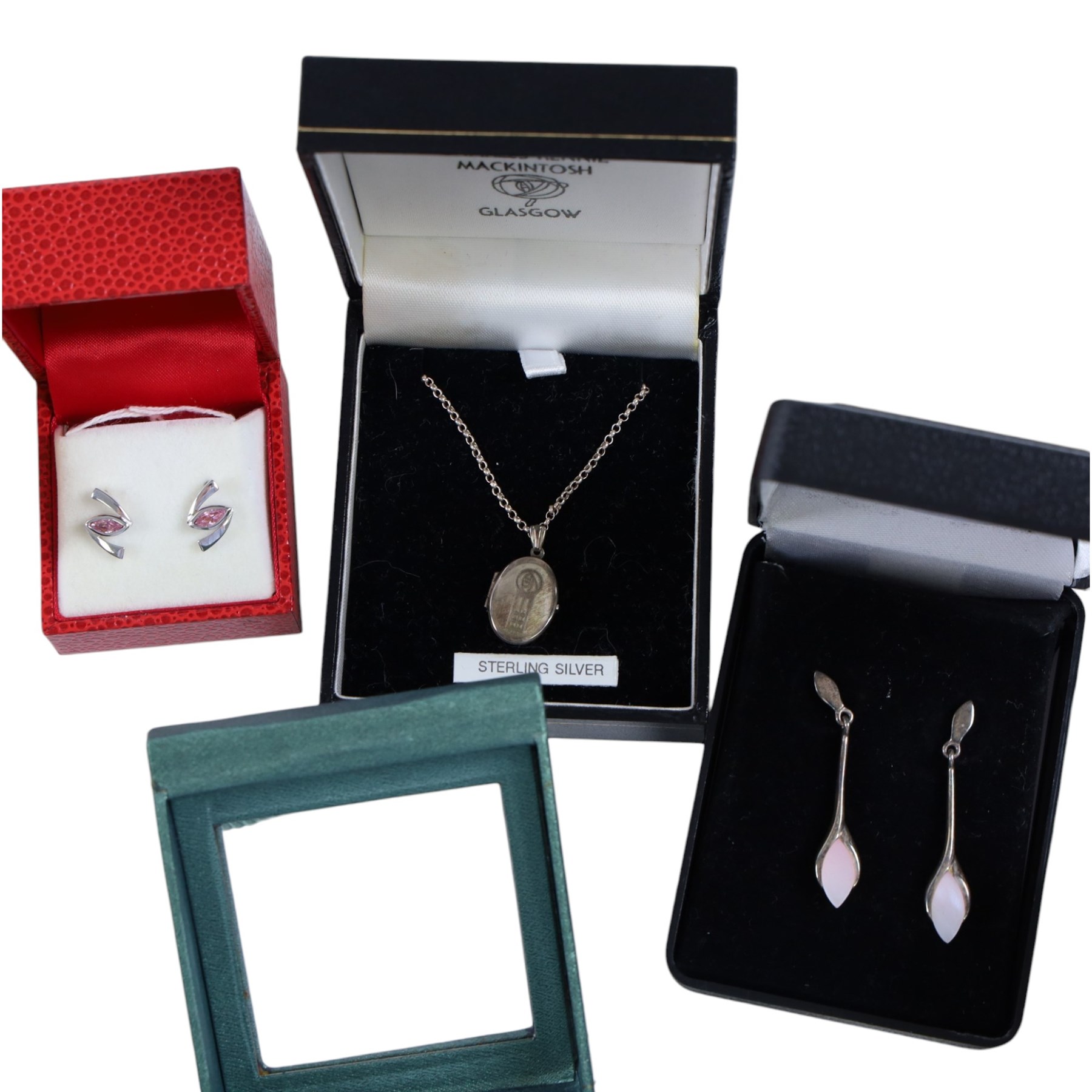 Collection of silver and silver stone set jewellery, including two Pandora rings, cross pendant, brooch, baby bangle, earrings, bracelet and locket, together with a pair of silver plated sugar tongs, jet brooch and copper stamp box