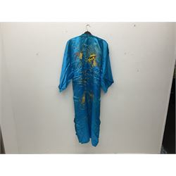 Vintage blue silk kimono, embroidered with dragon, landscape and auspicious clouds in gold coloured thread 