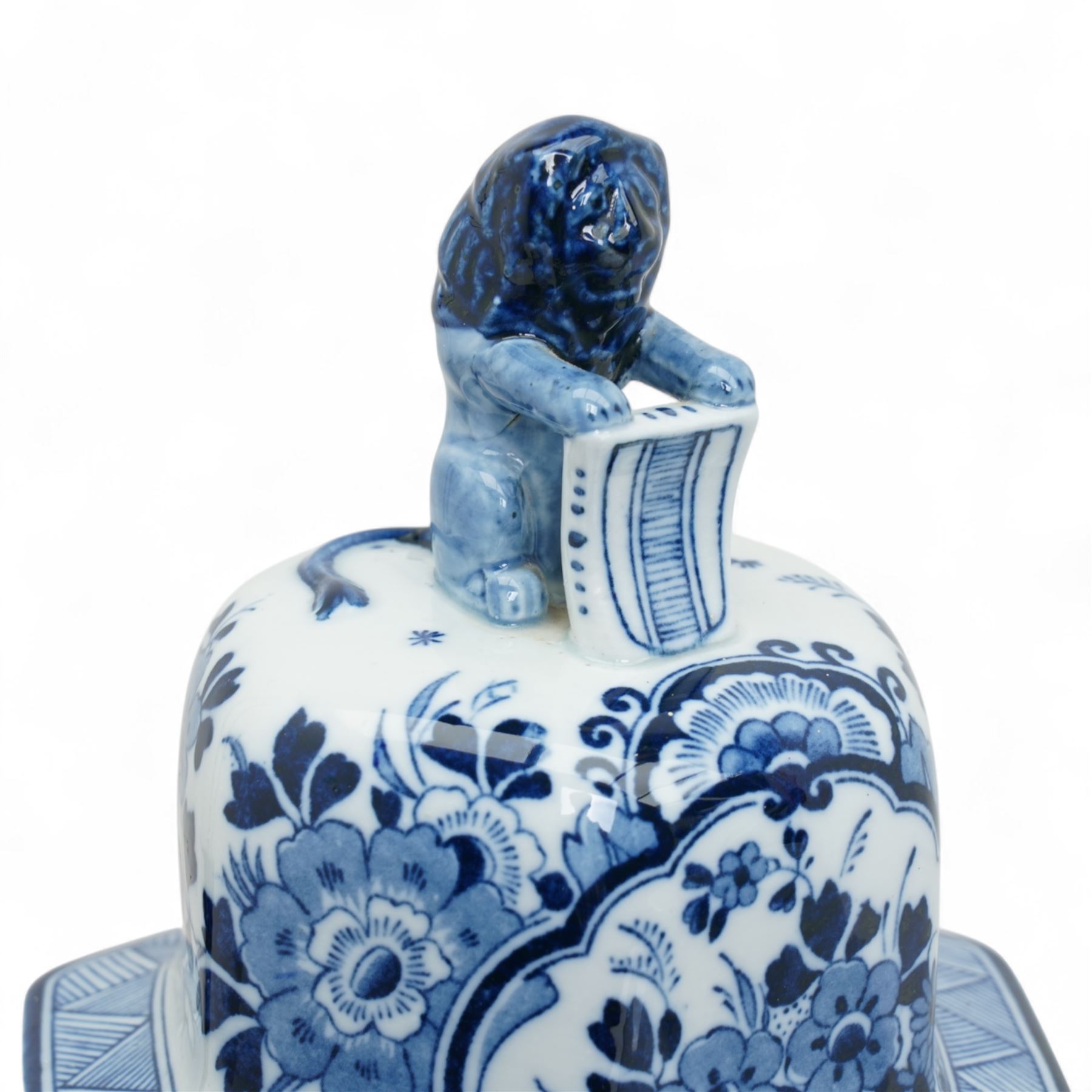 Large Spode Italian blue and white jug H23cm, 20th century Delft vase and cover decorated with landscape and floral design H38cm, Ringtons Tea Merchants blue and white tea caddy H20cm and a Ringtons jug (4)