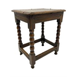 18th century oak joint coffin stool, moulded rectangular top over moulded frieze rails, raised on bobbin turned supports joined by moulded stretchers