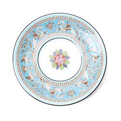 Extensive Wedgwood Turquoise Florentine part service tea, dinner and coffee service for six covers comprising six dinner plates, six dessert plates, six soup bowls and stands, pair of vegetable dishes and covers, gravy boat ad stand, oval meat plates, six tea cups and saucers, six coffee cans and saucers, six tea plates, teapot, coffee pot, sucrier and cover, sugar bowl, milk and cream jugs and cake plate, 72 pieces