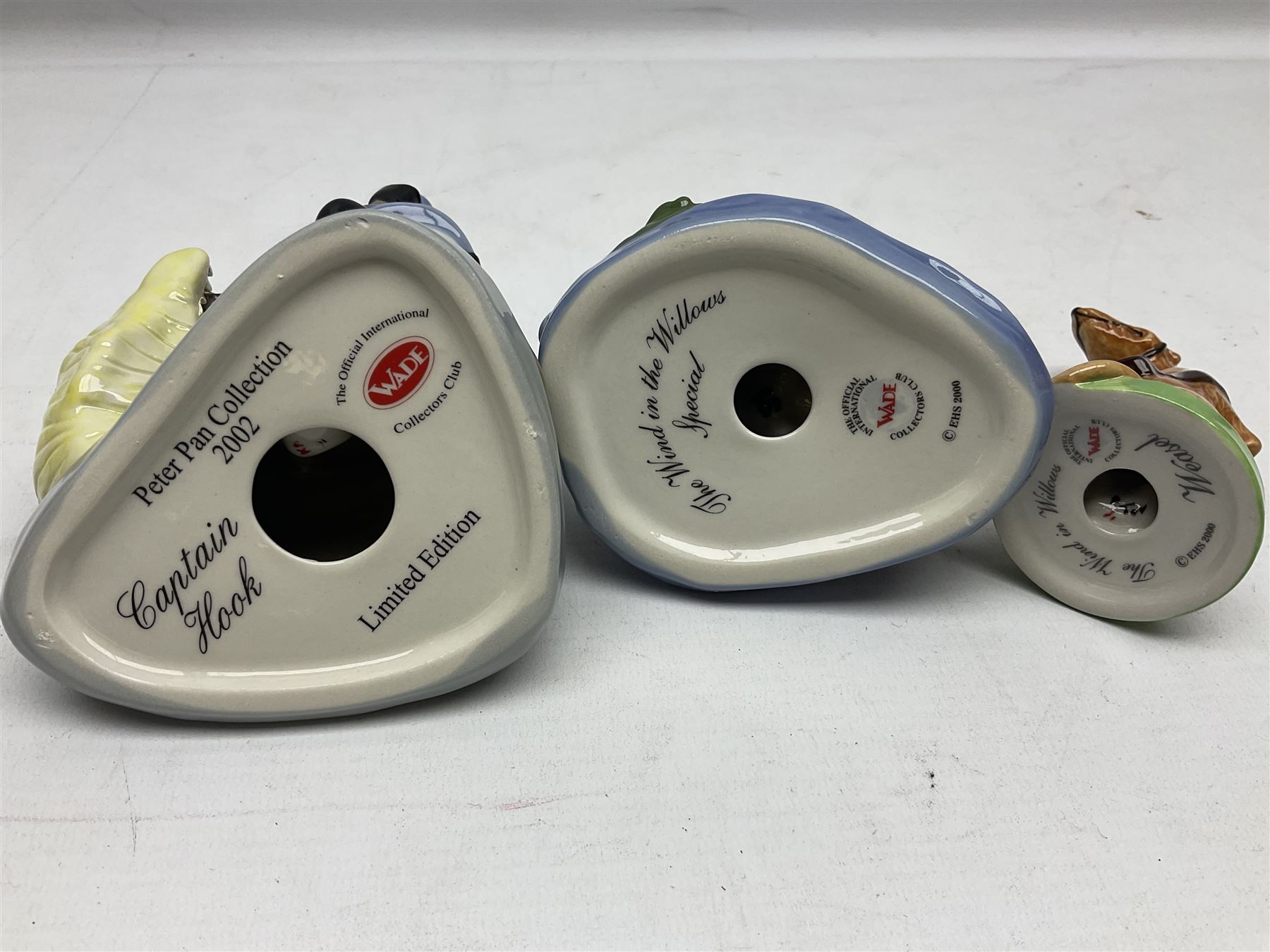 Twelve Wade Collectors Club Figures, comprising six Wind in the Willows figures; Rattie, Mole, Toad, Badger, Weasel and Rattie and Mole on the Water, Six Peter Pan figures; Captain Hook, Peter Pan, Wendy, John, Michael and Tinkerbell  