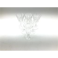 Set of six Waterford Crystal sherry glasses, together with three Stuarts Crystal Glengarry pattern flutes, a Stuart Crystal ships decanter, and an Edinburgh Crystal square section decanter. 
