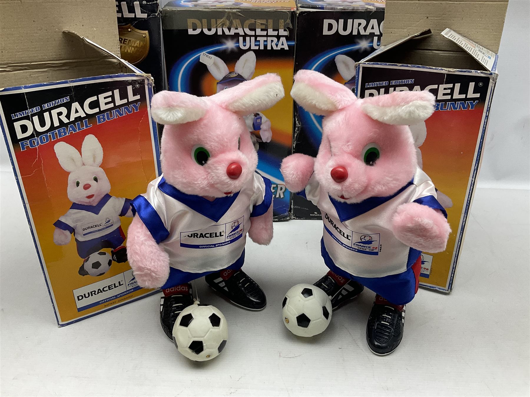 Collection of battery operated Duracell Bunny advertising figures, comprising two limited edition France 98 World Cup football bunnies, racing bunny, football bunny, two globetrotter bunny, fireman bunny and Christmas bunny, all boxed