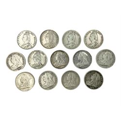 Thirteen Queen Victoria silver half crown coins, dated 1888, 1889, two dated 1890, 1891, 1894, 1896, 1898, four dated 1899 and 1900