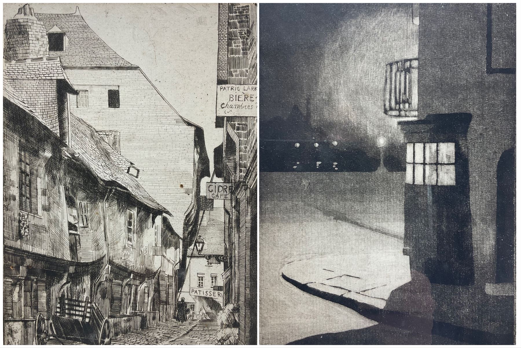 Patrick Lambert Larkin (British 1907-1981): London Street at Dusk, aquatint signed and dated 1923, 22cm x 16cm; A French Street, etching signed and dated 1927 in pencil 26cm x 18cm (2)