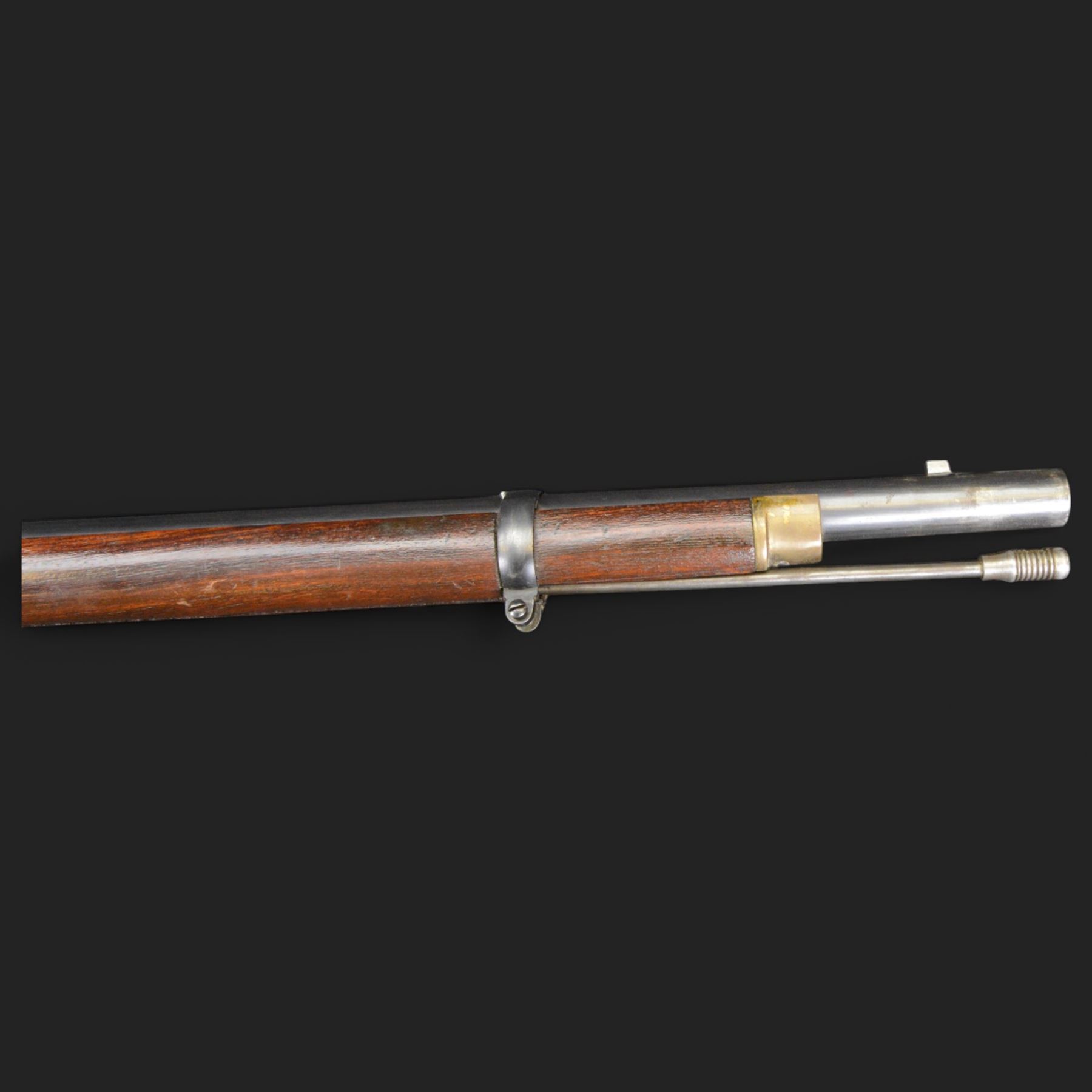 Enfield .577 action rifle, the 91.5cm rifled barrel with three barrel bands and ramrod under, full walnut stock, action marked 'Enfield' with Victoria cypher, overall L131cm