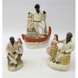  Three Staffordshire Uncle Tom & Eva groups, the first modelled with the two figures standing in a boat, H32cm, second seated reading with printed extracts to the base and another similar (3) Provenance: From a Private Yorkshire Collector  