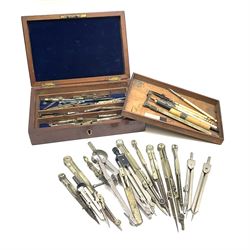 Drawing instruments - approximately thirty, various makes and ages, including compasses, dividers, pens etc, some with turned bone handles; and Victorian mahogany empty instrument case with lift out tray