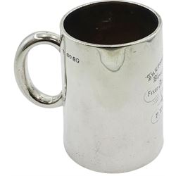 Victorian silver mug, of tapering cylindrical form with loop handle, the body with engraved personal dedication and inset glass base, hallmarked Daniel & Charles Houle, London 1868, H11cm, approximate gross weight 10.44 ozt (325 grams)