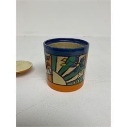 Clarice Cliff Fantasque for Wilkinson Pottery preserve pot, circa 1928, of drum form decorated in Sunray Leaves pattern, H8cm