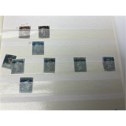 Mostly Great British Queen Victoria stamps, including penny black with black MX cancel, 1840 two pence blue with black cancel, imperf penny reds singles and pairs, perf penny reds stars and plates, various postmarks or cancels, penny reds on pieces or covers, halfpenny 'bantams', other QV issues with some higher values etc, housed in a blue stockbook