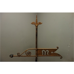  Cast iron Weather vane with fleur de lys finial, scrolled pointer pierced with an M, on tapering square column, H161cm  