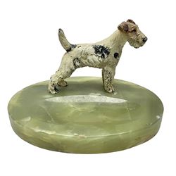 Art Deco oval onyx pin dish, mounted with a cold painted bronze terrier, H10cm