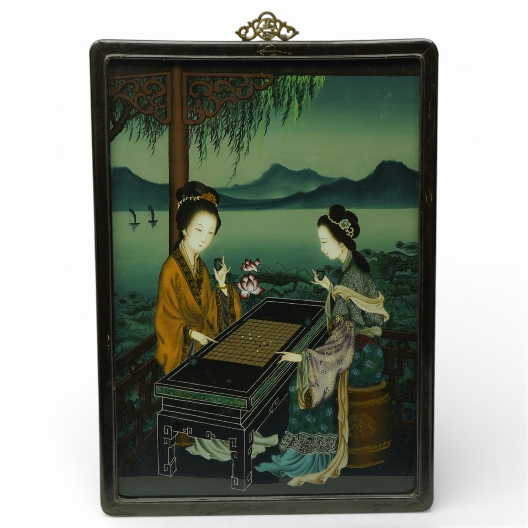 Pair of Chinese reverse glass paintings of three ladies in traditional dress and playing chess, Republic period, including frame 70cm x 49cm (2)