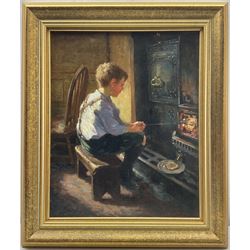 John William Gilroy (Newcastle 1868-1944): 'Granny Toast', oil on panel signed, original title label verso 40cm x 32cm