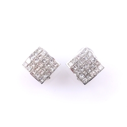  Pair of platinum and diamond pave set ear-rings, each of twenty-five princess cut diamonds stamped PT950  