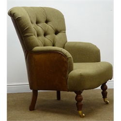  Victorian style high back armchair upholstered in Scottish wool tweed and tan leather on turned mahogany feet with brass castors, W75cm  