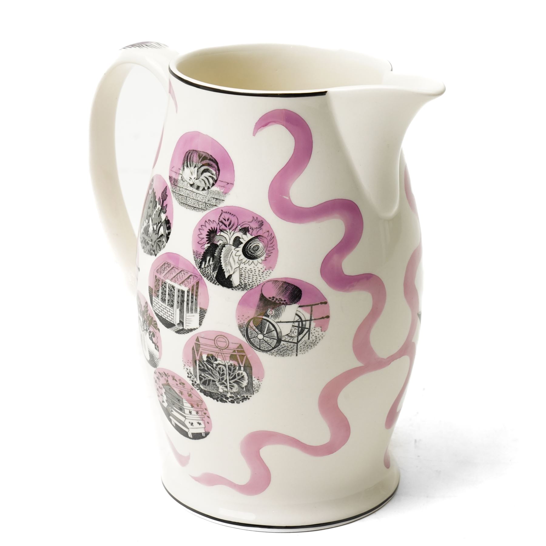 Eric Ravilious (British 1903-1942) for Wedgwood, a 'Garden Implements' Queen's ware jug with transfer printing, hand painting and lustre, printed and impressed marks to base, H20cm