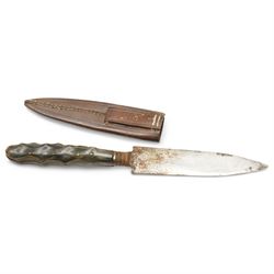 Victorian hunting knife, the blade engraved with a pig sticking scene, horn grip and leath...