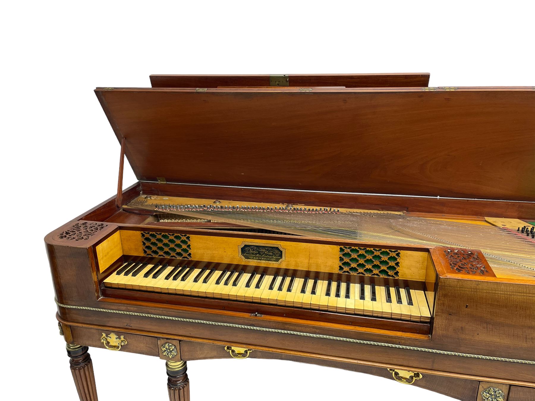 James Rigg, London -early 19th century mahogany and maple square piano c1817, with a 68 key compass (A-C) original hammers, jacks and felt, satinwood interior with ebony and ivory keys, the fretwork interior back inscribed 'James Rigg, 3 Providence Row, Finsbury Square, London', decorated with twist gilt metal edging, fitted with three drawers, on Gillows design turned and reeded supports with brass cups and castors.

This item has been registered for sale under Section 10 of the APHA Ivory Act