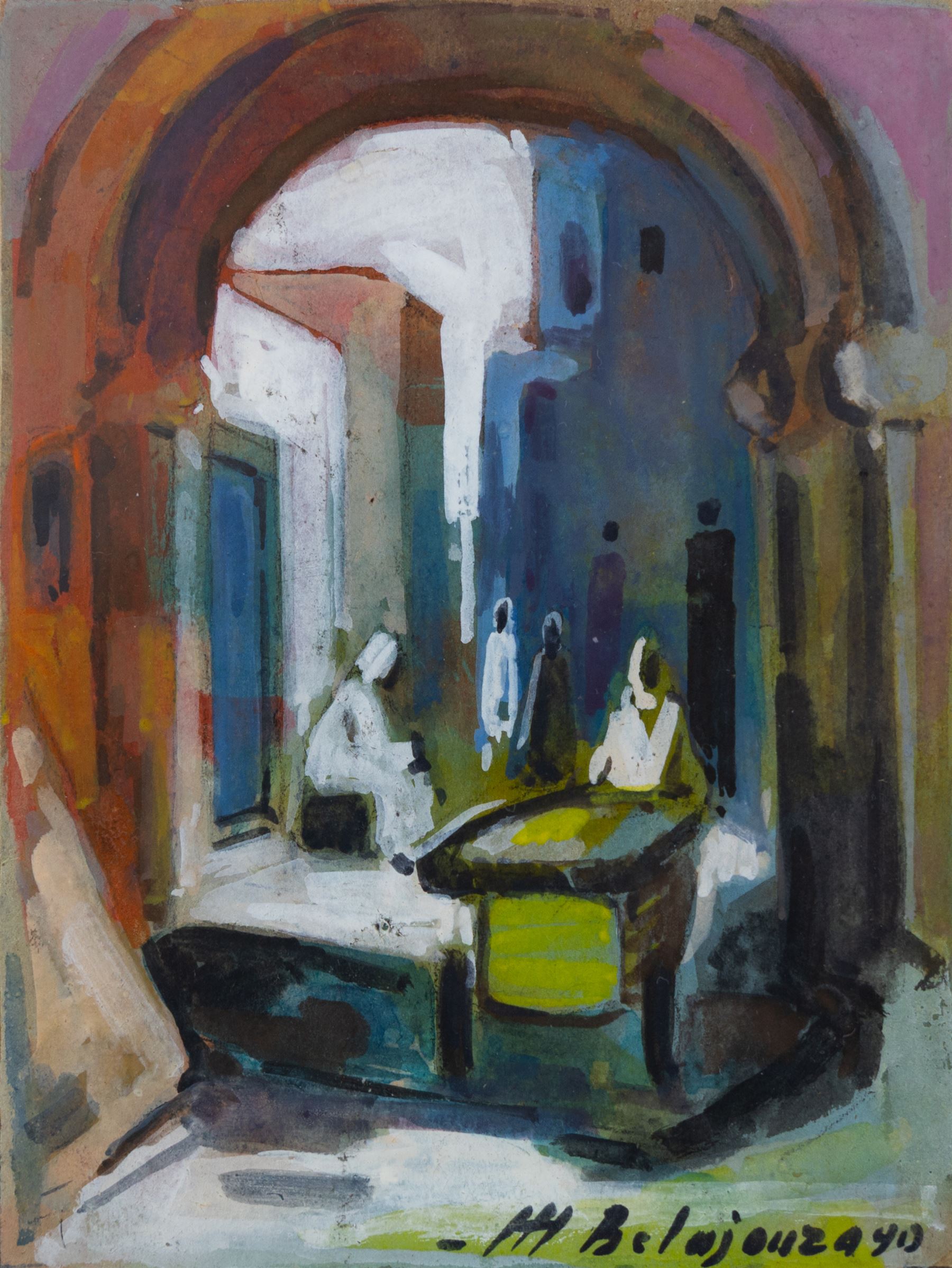 Mohamed Belajouza (Tunisian 20th Century): Streets of Sousse, set of three gouaches signed, max 18cm x 13cm (3)