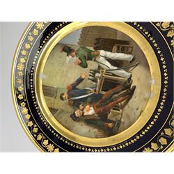 19th century Rihouet Paris porcelain cabinet plate, decorated with a central panel illustrating three French soldiers around a bottle laden table, one surveying a note, within a dark blue gilt detailed border, with French inscription verso, and red printed mark Rihouet Rue de la Paix A Paris and green fish mark, possibly for Perche, D23cm 



