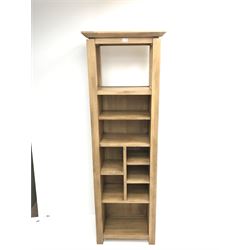 Tall solid oak modern bookcase, projecting cornice, stile supports 