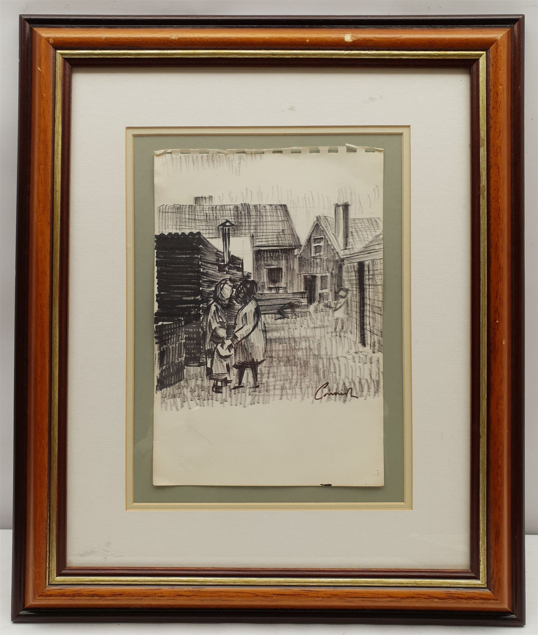 Attrib. Norman Stansfield Cornish (Northern British 1919-2014): Figures in a Yard, felt pen signed 26cm x 18cm
