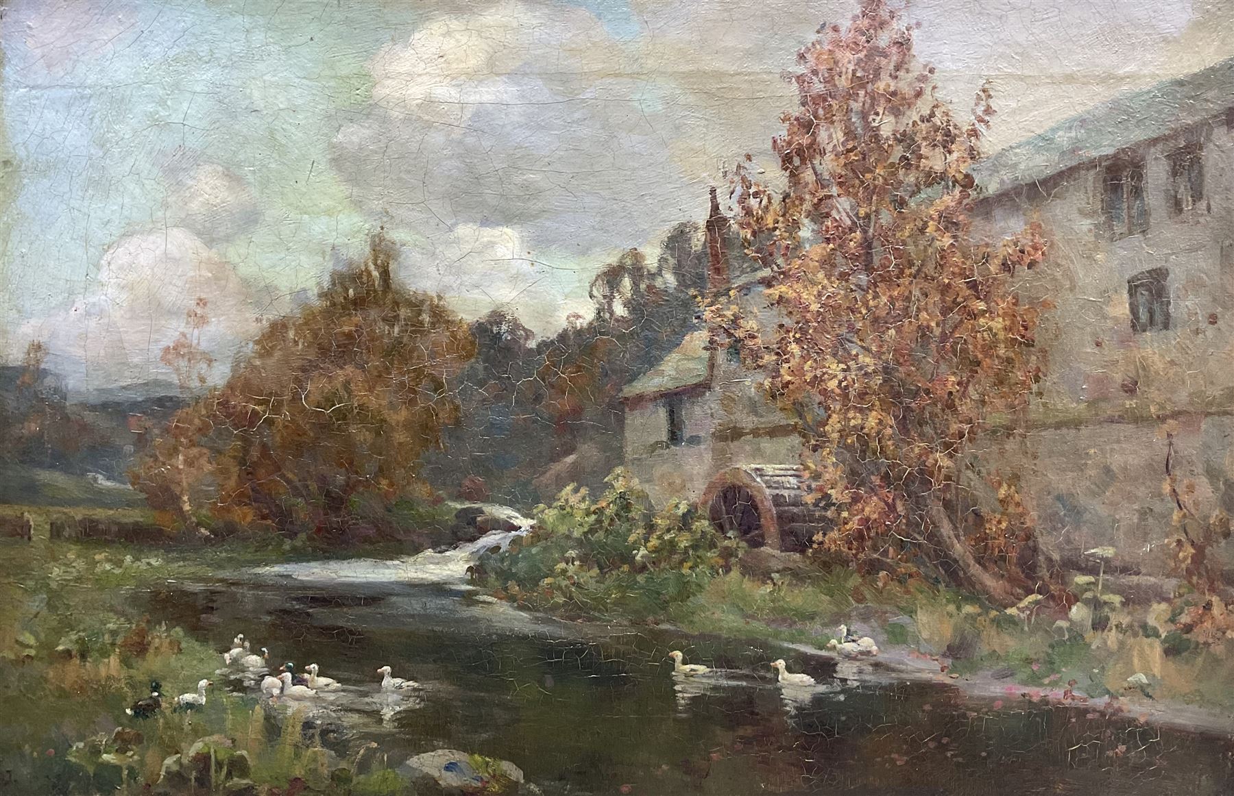 English School (19th century): Ducks by the Mill, oil on canvas, indistinctly signed and titled verso 30cm x 45cm