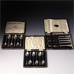 Set of six silver coffee spoons Birmingham 1933 , another set with bright cut stems and se...