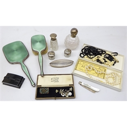  Three cut glass scent bottle with silver tops, silver & enamel dressing table mirror and brush, silver bladed mother-of-pearl fruit knife, dress studs, Stratton Bakelite dress stud box, simulated pearl necklace, silver topped nail buffer, openwork brooch set with turquoise cabochons etc   