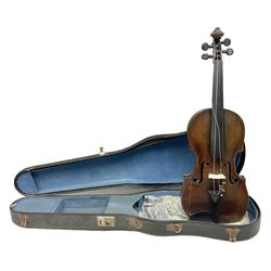 Mid-19th century violin composed of various parts, some late 18th century, with 35.5cm two-piece maple back and ribs, fluted pegs and spruce top L58.5cm overall; in carrying case