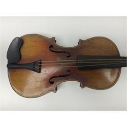 Late 19th century French three-quarter size 'Conservatory' violin with 34cm two-piece maple back and ribs and spruce top, the peg box inscribed 'Conservatory Violin Straduari', bears label 'Antonius Stradiuarius Cremonensis Faciebat Anno 1721' L55.5cm overall; in ebonised wooden 'coffin' case; and Saxony violin c1900 with 36cm two-piece maple back and ribs and spruce top; bears label 'Antonius Stradivarius Cremonensis Faciebat Anno 17**' L59cm overall; in carrying case (2)