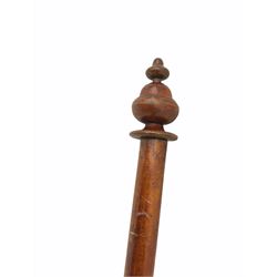 Victorian stained beech curtain pole, turned finials, with hoops