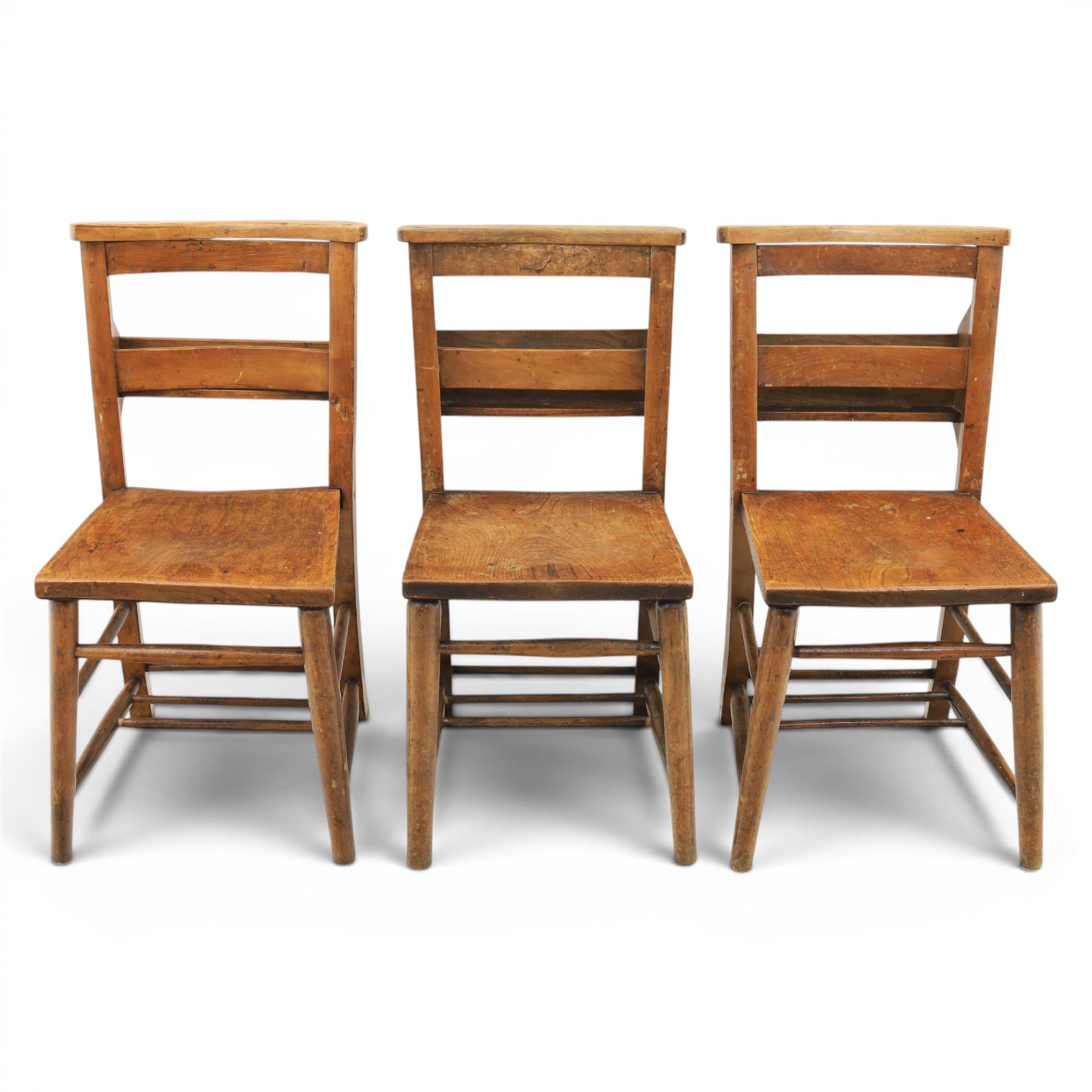 Country pine draw leaf table, bench seat and six chapel chairs, the top of plank construction, with two frieze drawers, additional leaves extending to 320cm, with bench seat and six elm chapel seats
