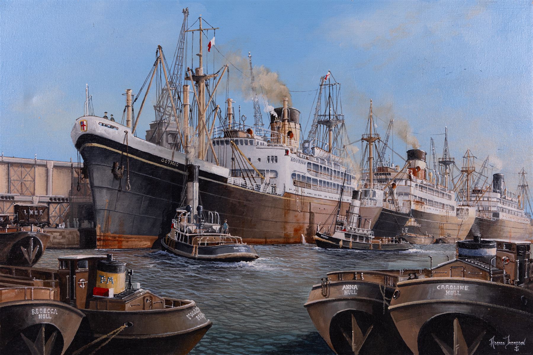 Adrian Thompson (British 1960-): The SS Gothic Docked in a Shipping Yard, oil on canvas signed 51cm x 76cm; together with another print (2) (unframed)